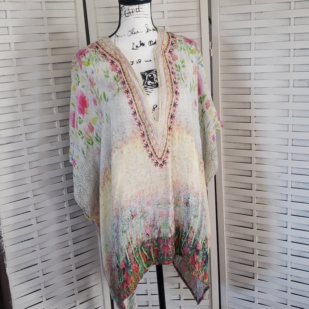 Blank London O/S water color 100% linen beaded v- neck woman kaftan tunic